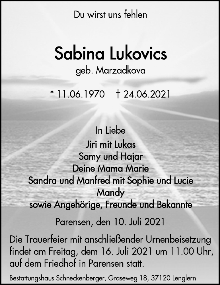  Traueranzeige für Sabina Lukovics vom 10.07.2021 aus Göttinger Tageblatt
