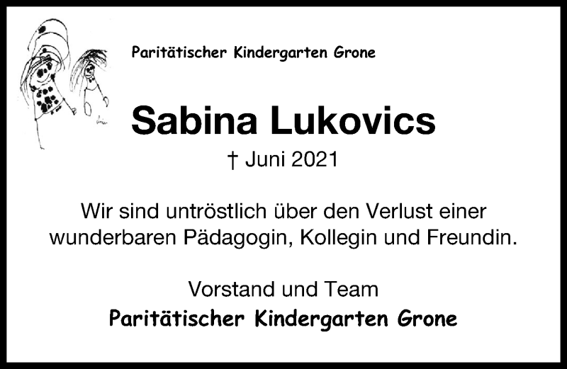  Traueranzeige für Sabina Lukovics vom 03.07.2021 aus Göttinger Tageblatt