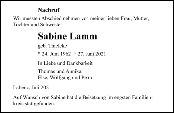 Traueranzeige von Sabine Lamm von Lübecker Nachrichten