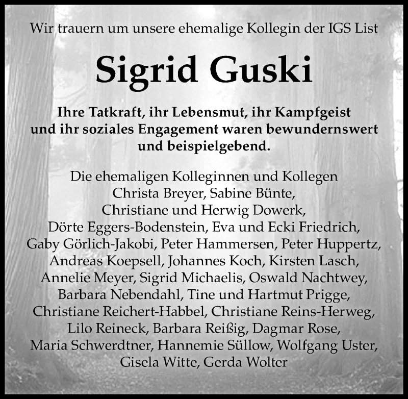  Traueranzeige für Sigrid Guski vom 31.07.2021 aus Hannoversche Allgemeine Zeitung/Neue Presse