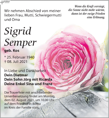 Traueranzeige von Sigrid Semper von Leipziger Volkszeitung