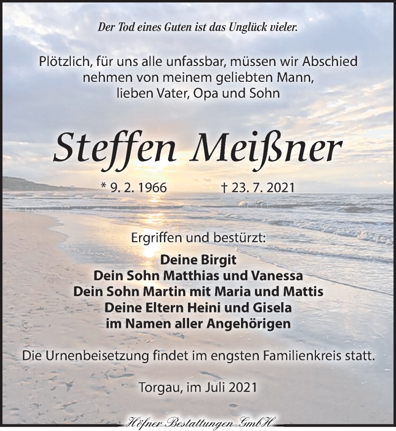  Traueranzeige für Steffen Meißner vom 31.07.2021 aus Torgauer Zeitung