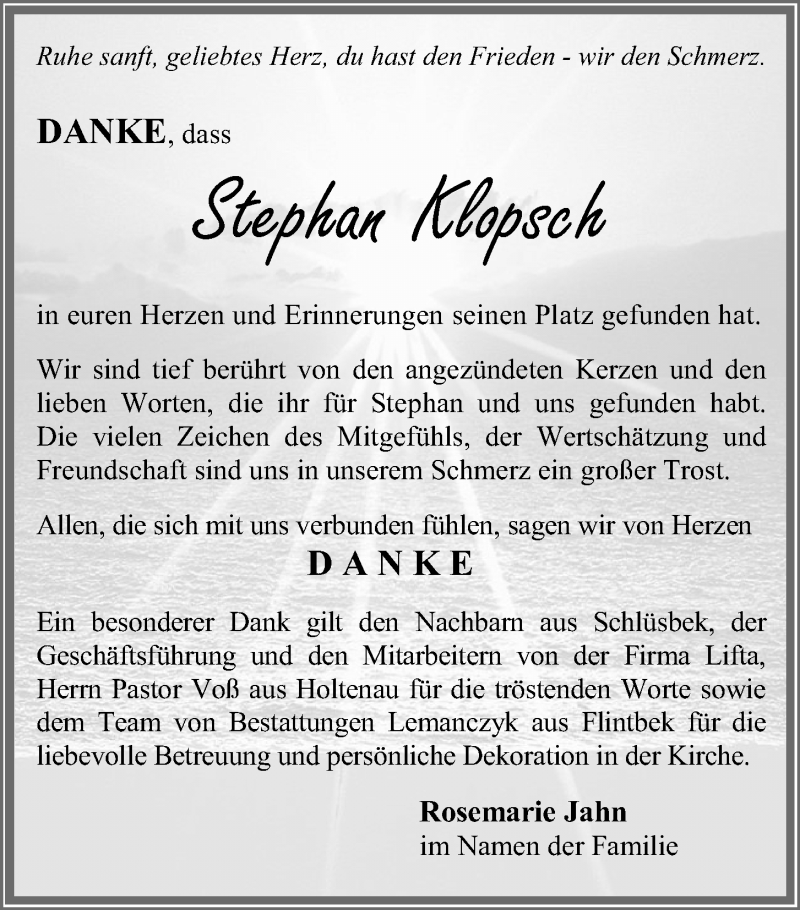  Traueranzeige für Stephan Klopsch vom 03.07.2021 aus Kieler Nachrichten