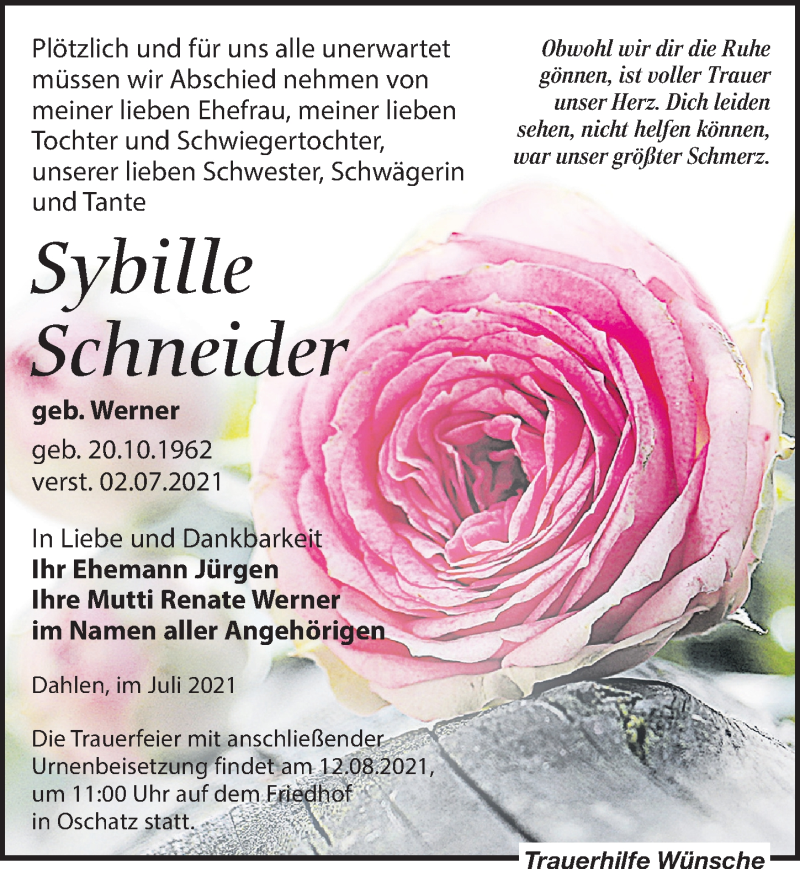  Traueranzeige für Sybille Schneider vom 10.07.2021 aus Leipziger Volkszeitung