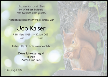 Traueranzeige von Udo Kaiser von Kieler Nachrichten