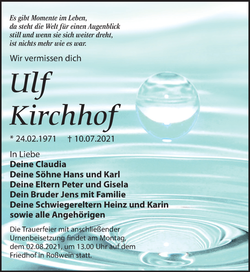  Traueranzeige für Ulf Kirchhof vom 17.07.2021 aus Leipziger Volkszeitung
