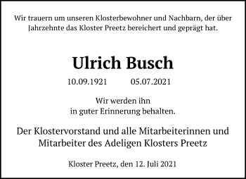 Traueranzeige von Ulrich Busch von Kieler Nachrichten