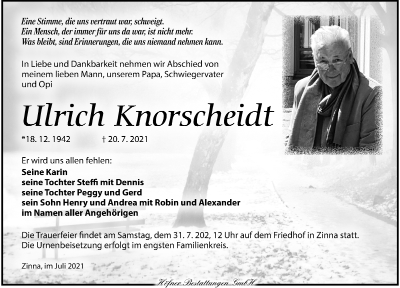  Traueranzeige für Ulrich Knorscheidt vom 27.07.2021 aus Torgauer Zeitung