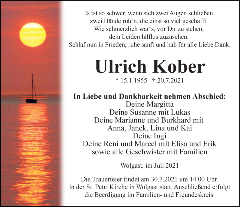  Traueranzeige für Ulrich Kober vom 24.07.2021 aus Ostsee-Zeitung GmbH
