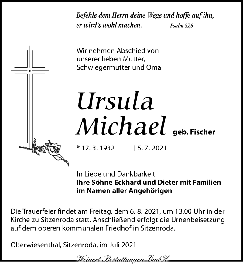  Traueranzeige für Ursula Michael vom 24.07.2021 aus Torgauer Zeitung