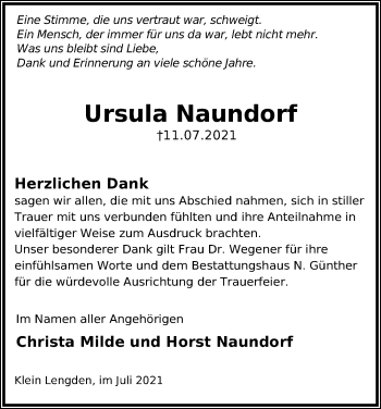 Traueranzeige von Ursula Naundorf von Göttinger Tageblatt