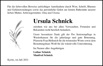 Traueranzeige von Ursula Schnick von Märkischen Allgemeine Zeitung