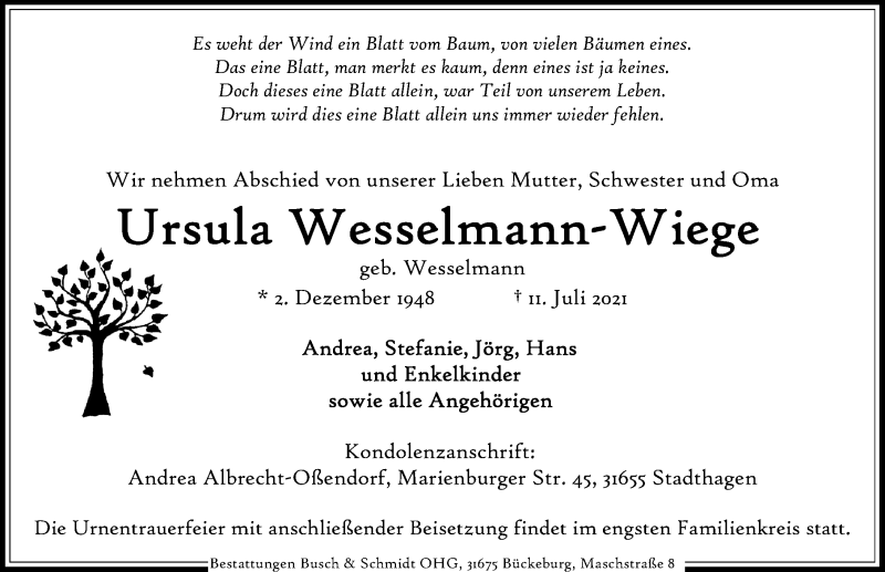  Traueranzeige für Ursula Wesselmann-Wiege vom 17.07.2021 aus Schaumburger Nachrichten