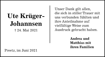 Traueranzeige von Ute  Krüger-Johannsen von Kieler Nachrichten