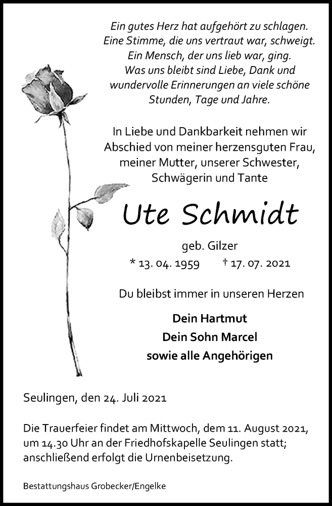  Traueranzeige für Ute Schmidt vom 24.07.2021 aus Eichsfelder Tageblatt