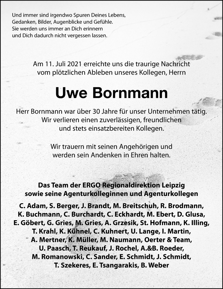  Traueranzeige für Uwe Bornmann vom 31.07.2021 aus Leipziger Volkszeitung