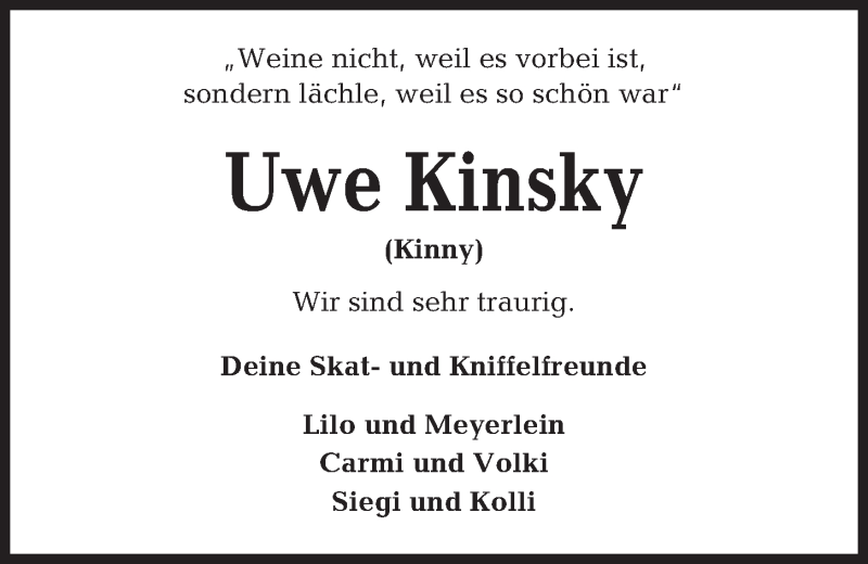  Traueranzeige für Uwe Kinsky vom 24.07.2021 aus Kieler Nachrichten