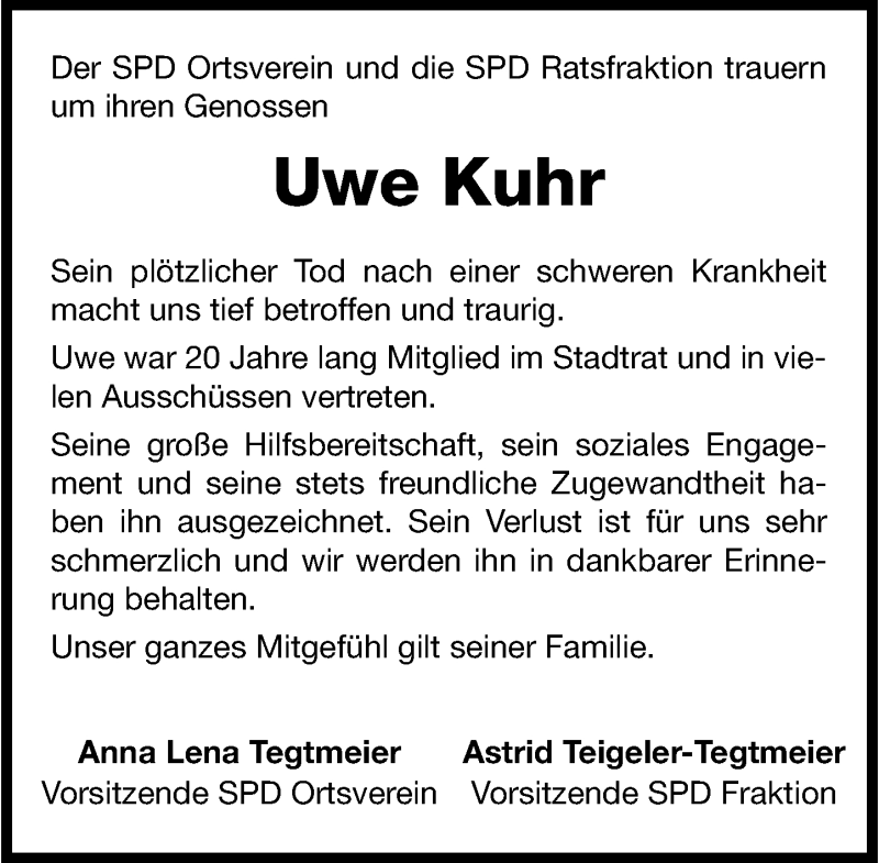  Traueranzeige für Uwe Kuhr vom 24.07.2021 aus Schaumburger Nachrichten