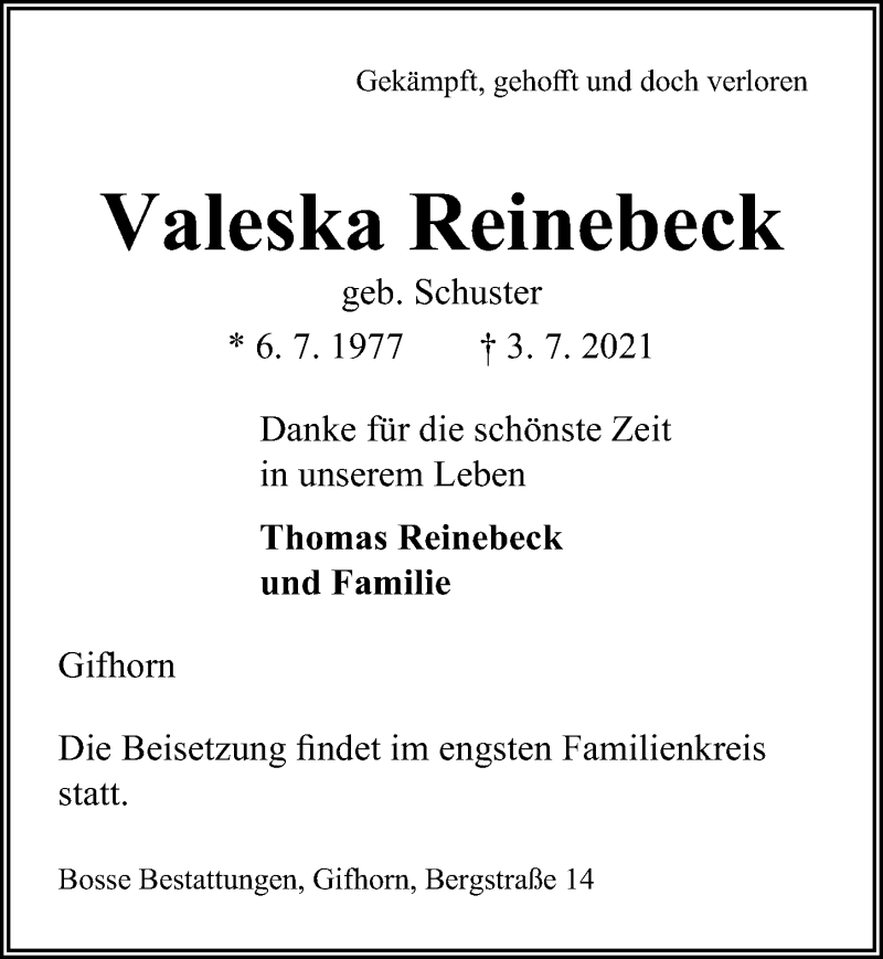  Traueranzeige für Valeska Reinebeck vom 07.07.2021 aus Aller Zeitung