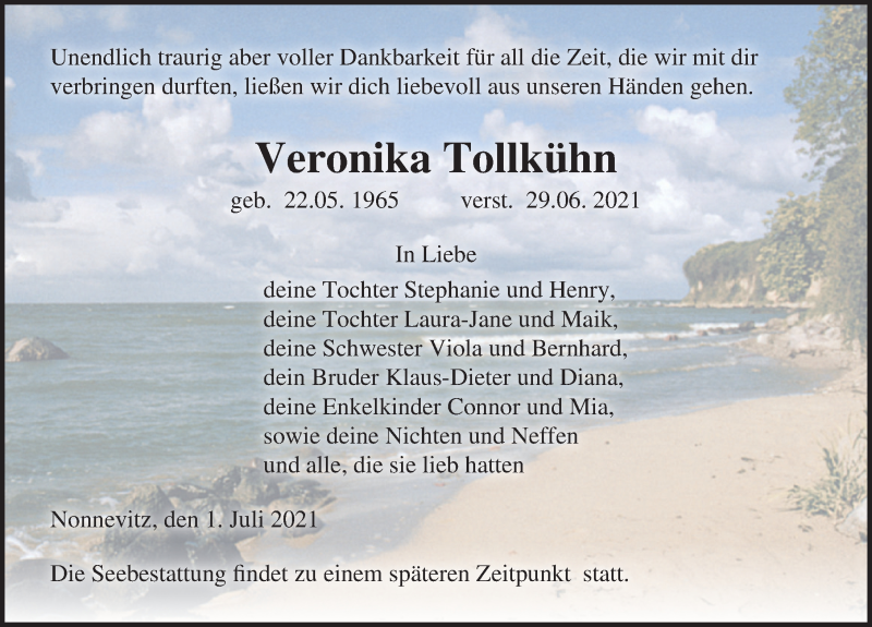 Traueranzeige für Veronika Tollkühn vom 03.07.2021 aus Ostsee-Zeitung GmbH