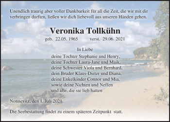 Traueranzeige von Veronika Tollkühn von Ostsee-Zeitung GmbH