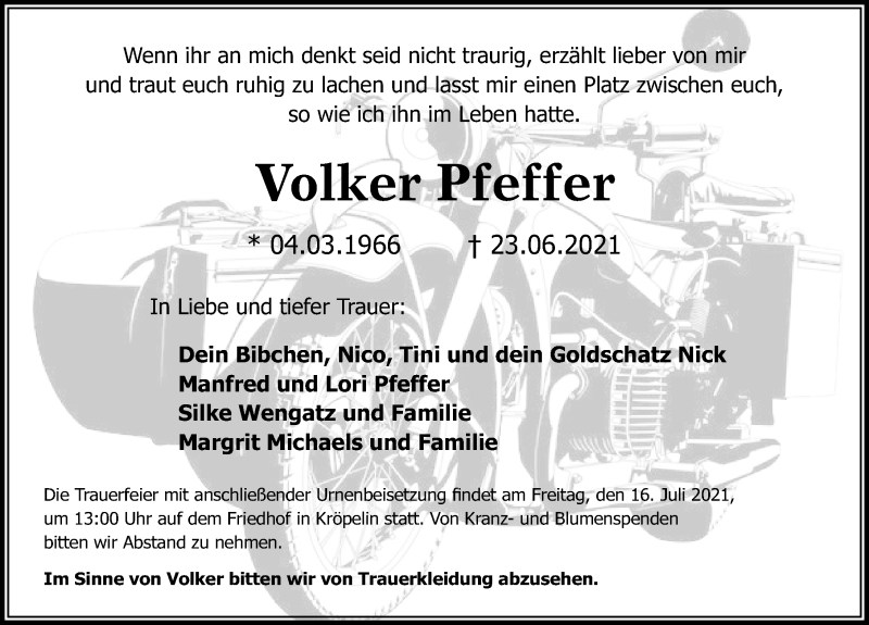  Traueranzeige für Volker Pfeffer vom 10.07.2021 aus Ostsee-Zeitung GmbH