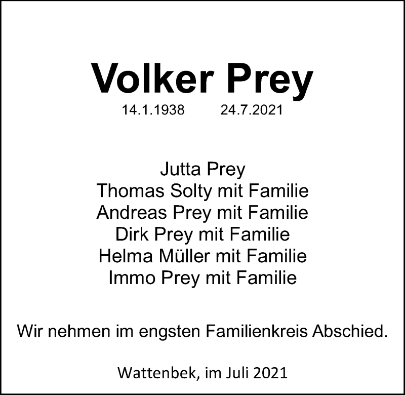  Traueranzeige für Volker Prey vom 31.07.2021 aus Kieler Nachrichten