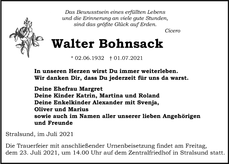  Traueranzeige für Walter Bohnsack vom 10.07.2021 aus Ostsee-Zeitung GmbH