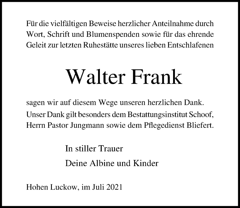  Traueranzeige für Walter Frank vom 17.07.2021 aus Ostsee-Zeitung GmbH
