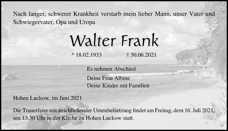  Traueranzeige für Walter Frank vom 10.07.2021 aus Ostsee-Zeitung GmbH