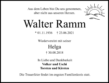 Traueranzeige von Walter Ramm von Lübecker Nachrichten
