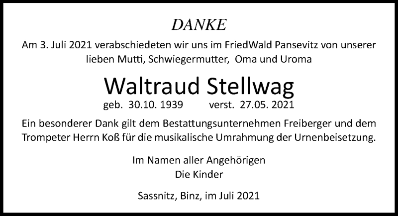  Traueranzeige für Waltraud Stellwag vom 10.07.2021 aus Ostsee-Zeitung GmbH
