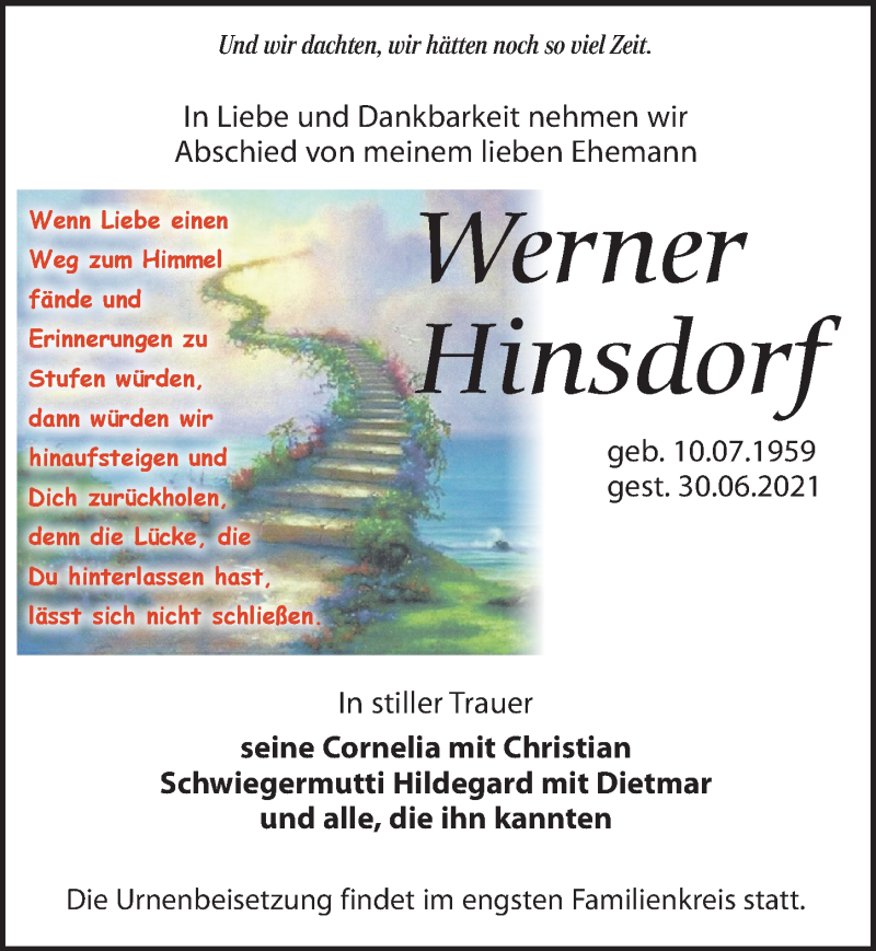  Traueranzeige für Werner Hinsdorf vom 17.07.2021 aus Leipziger Volkszeitung