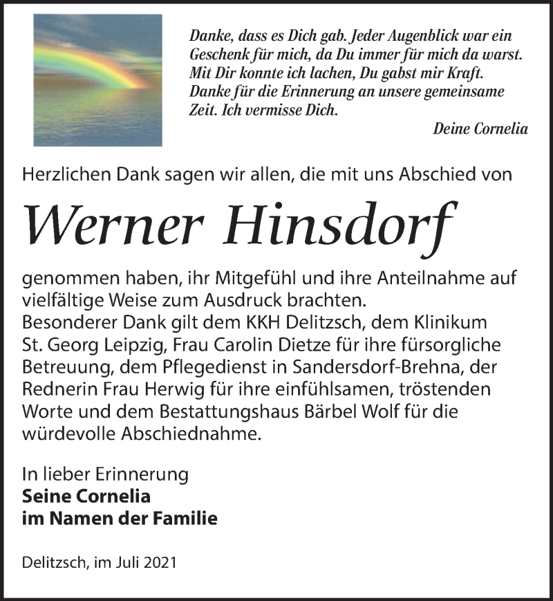  Traueranzeige für Werner Hinsdorf vom 31.07.2021 aus Leipziger Volkszeitung