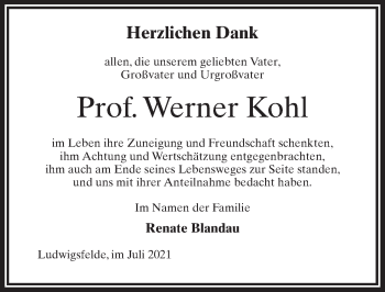 Traueranzeige von Werner Kohl von Märkischen Allgemeine Zeitung