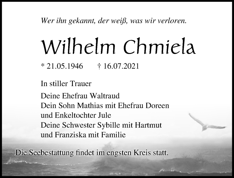  Traueranzeige für Wilhelm Chmiela vom 24.07.2021 aus Ostsee-Zeitung GmbH