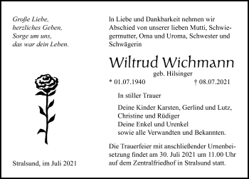 Traueranzeige von Wiltrud Wichmann von Ostsee-Zeitung GmbH