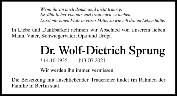 Traueranzeige von Wolf-Dietrich Sprung von Ostsee-Zeitung GmbH