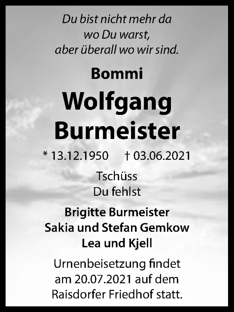  Traueranzeige für Wolfgang Burmeister vom 17.07.2021 aus Kieler Nachrichten