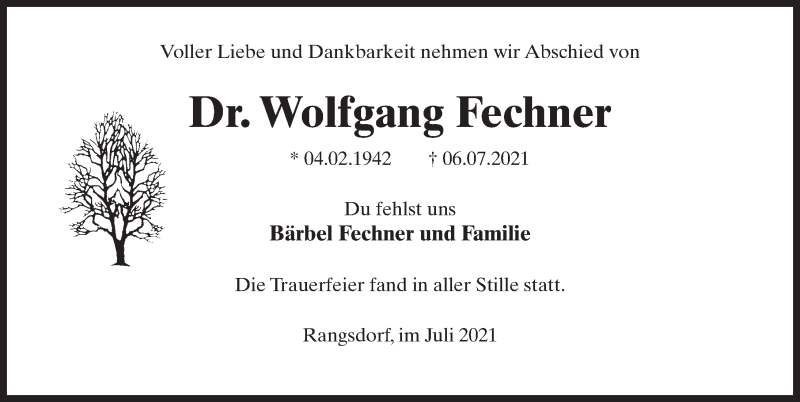  Traueranzeige für Wolfgang Fechner vom 17.07.2021 aus Märkischen Allgemeine Zeitung