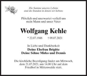 Traueranzeige von Wolfgang Kehle von Märkischen Allgemeine Zeitung