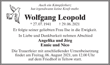 Traueranzeige von Wolfgang Leopold von Märkischen Allgemeine Zeitung