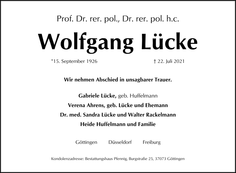  Traueranzeige für Wolfgang Lücke vom 31.07.2021 aus Göttinger Tageblatt