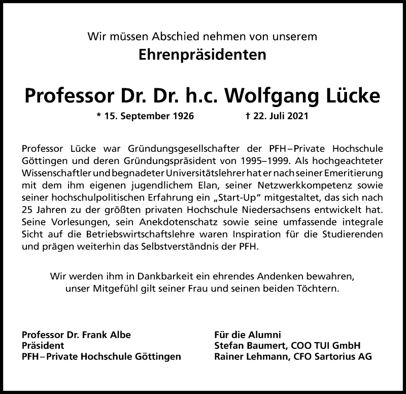  Traueranzeige für Wolfgang Lücke vom 31.07.2021 aus Göttinger Tageblatt