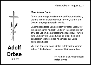 Traueranzeige von Adolf Dröse von Hannoversche Allgemeine Zeitung/Neue Presse