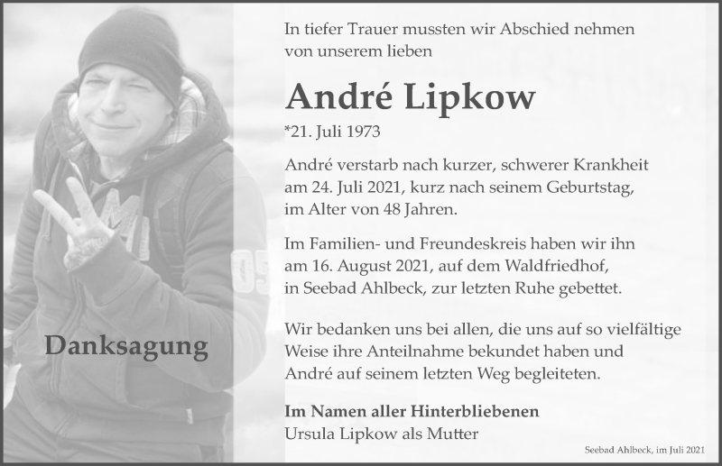  Traueranzeige für Andre Lipkow vom 21.08.2021 aus Ostsee-Zeitung GmbH