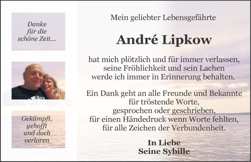 Traueranzeige für Andre Lipkow vom 21.08.2021 aus Ostsee-Zeitung GmbH