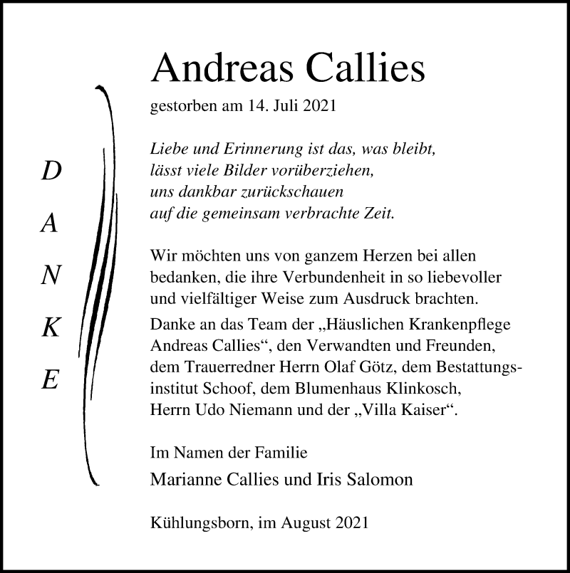  Traueranzeige für Andreas Callies vom 07.08.2021 aus Ostsee-Zeitung GmbH