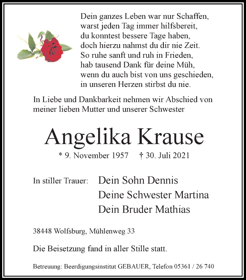  Traueranzeige für Angelika Krause vom 26.08.2021 aus Aller Zeitung