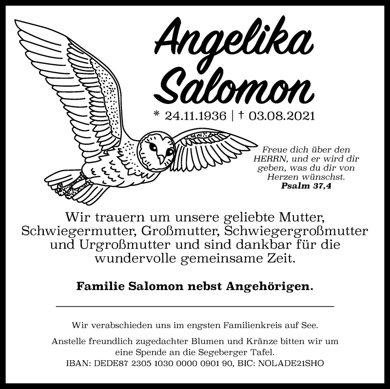  Traueranzeige für Angelika Salomon vom 07.08.2021 aus Kieler Nachrichten